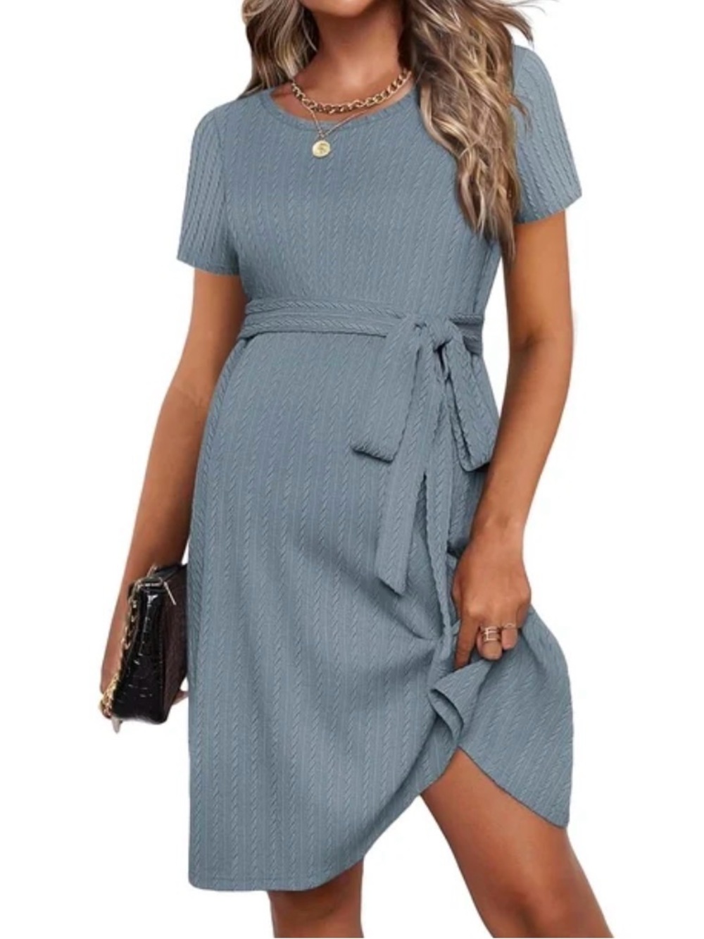 Ekouaer Short-Sleeve Maternity Dress Tie Waist Blue-Gray Large